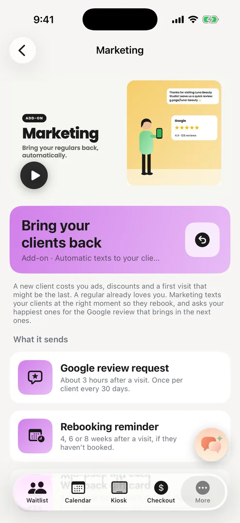 The Ozync Marketing page: the review request, rebooking reminder and win-back recipes, each with its own switch.