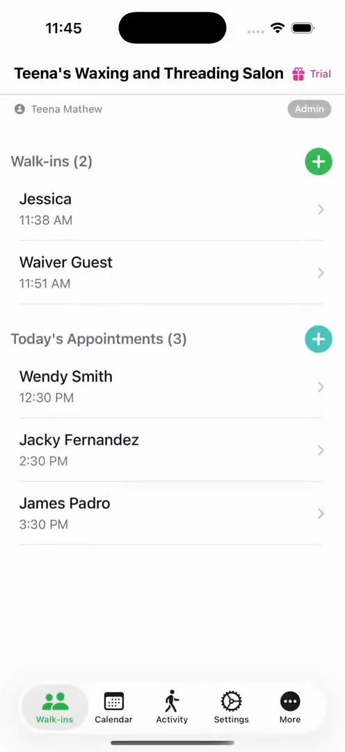 The Ozync app on a phone: the team's day, with each staff member's shifts and clients.