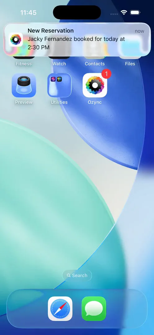 A client's phone with the Ozync review request text and the salon's Google review link.